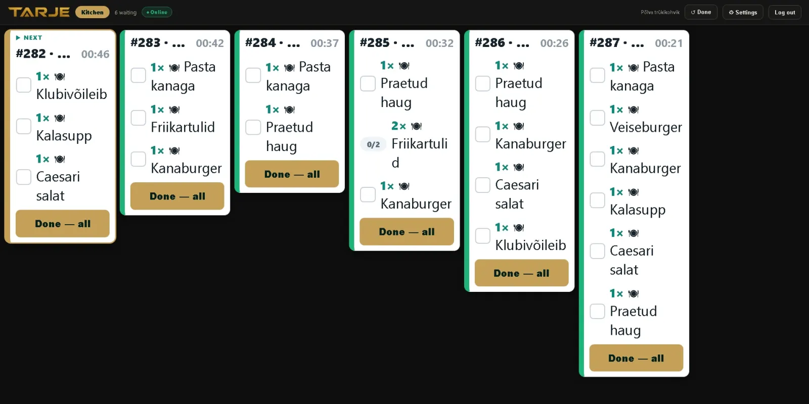 Tarje köögiekraan aktiivsete tellimustega